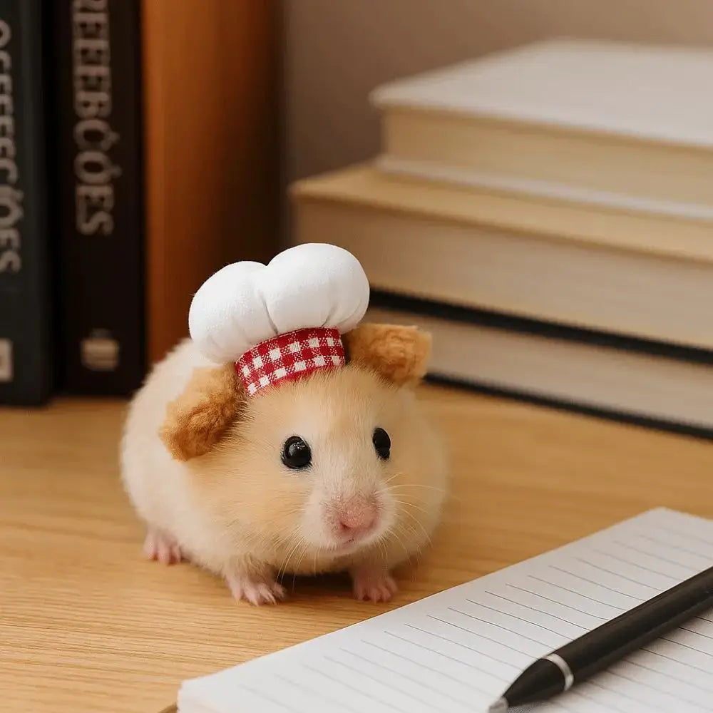 Hamster Chef Hat – Breathable Comfort All Day Wear + Adjustable Fit For Plush Ears tiny hamster in chef hat with plush ears on desk