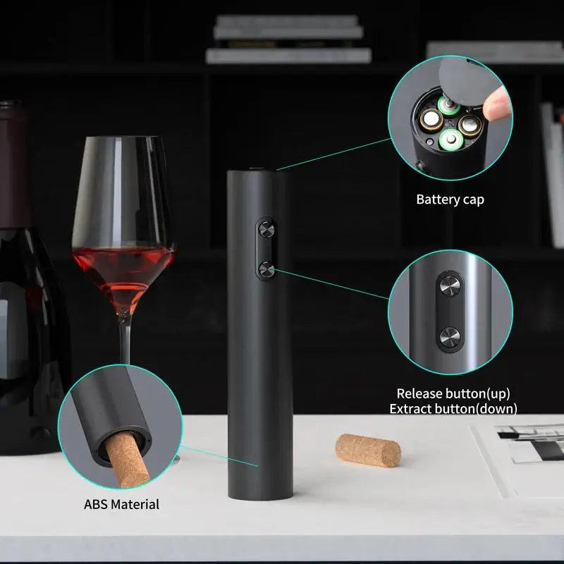 Electric wine opener set features battery cap, release button, and ABS material design for easy use.