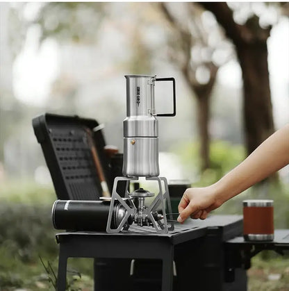 Stainless Steel Moka Pot – Rich Coffee + Foldable Handle on camping stove producing moka coffee, 350ml compact stainless steel maker