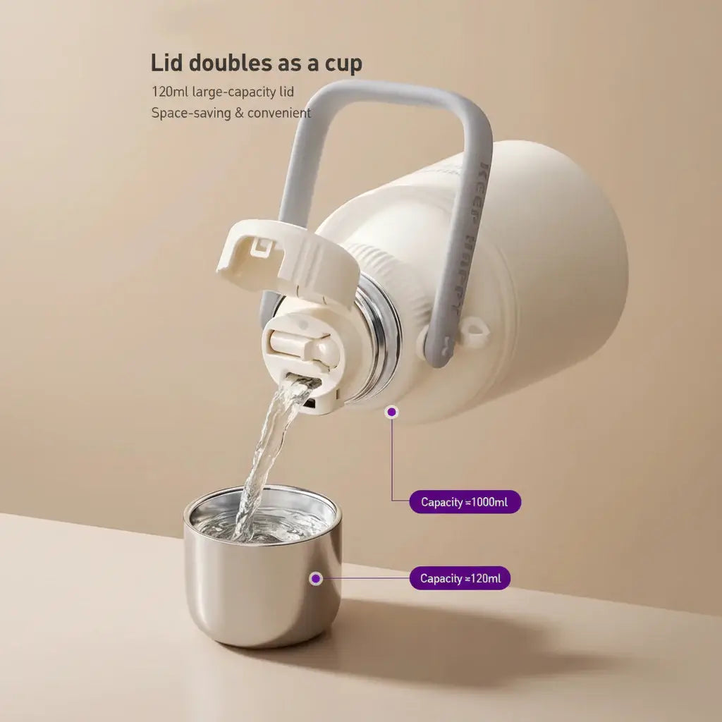 Avent Kids Vacuum Bottle For All-Day Temperature Control with lid doubling as a cup and pouring water.