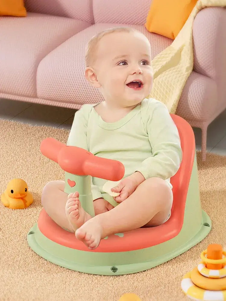 Anti-Slip Baby Bath Seat With Suction Cup Base and Detachable Armrests, featuring a happy baby sitting securely.