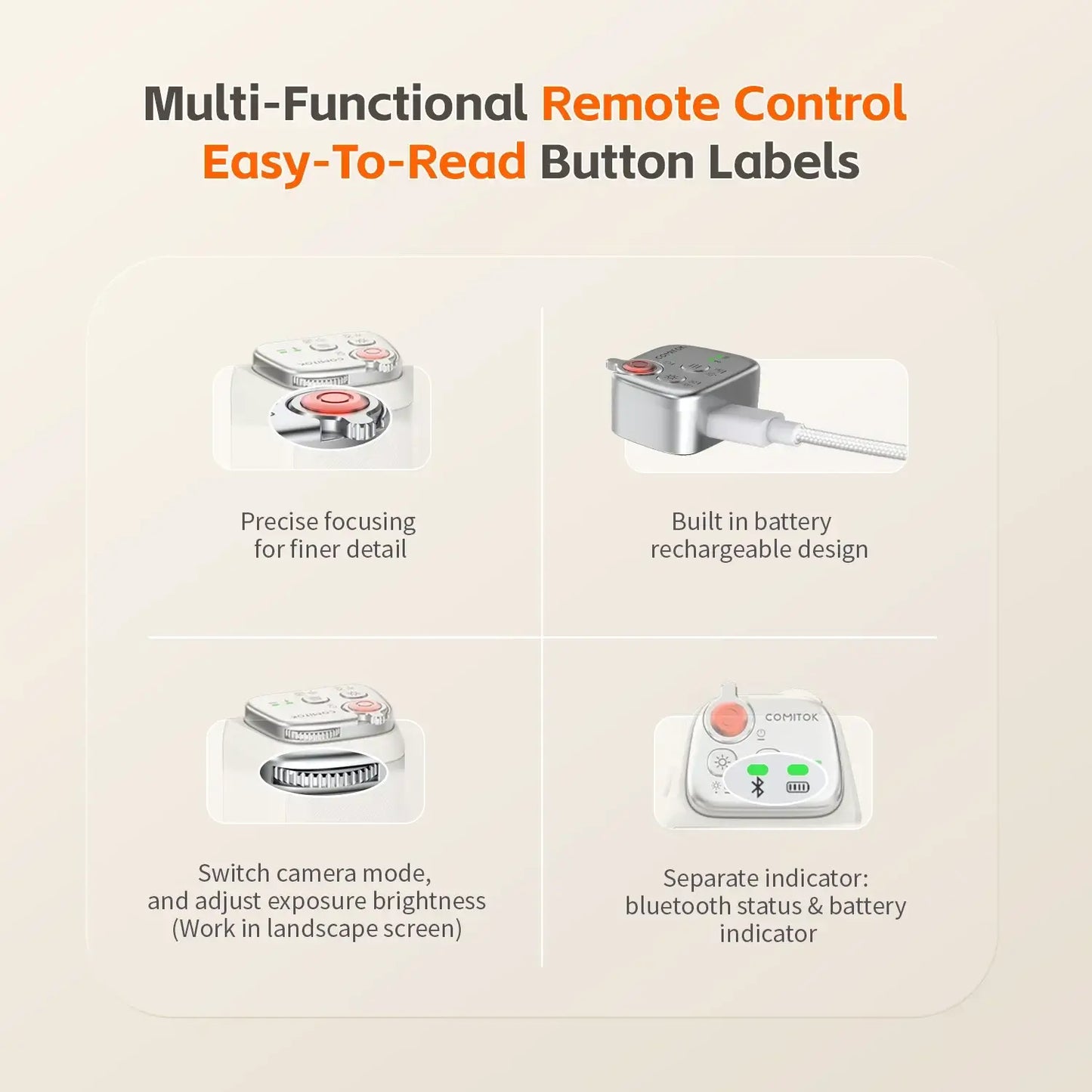 Magnetic Phone Grip With Remote Control and Handle Stabilizer showing multi-functional remote control and easy-to-read button labels