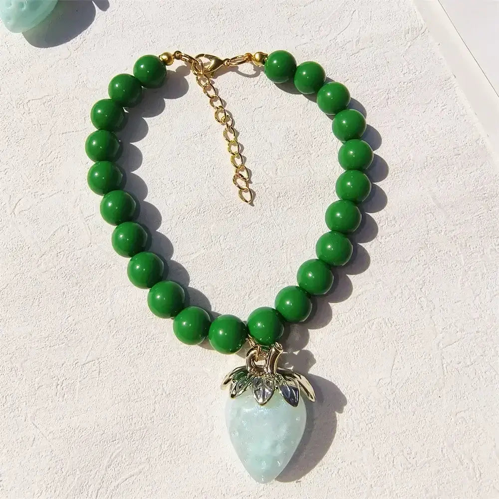 Pet Collar With Pearl Necklace - Pet-Safe Comfort + Lightweight Resin Design For Everyday Wear, green beaded collar with strawberry pendant