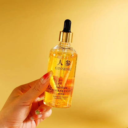 Face Serum – Even-Tone Radiance For Youthful Glow + Gold Ginseng Polypeptide Complex bottle held against golden background