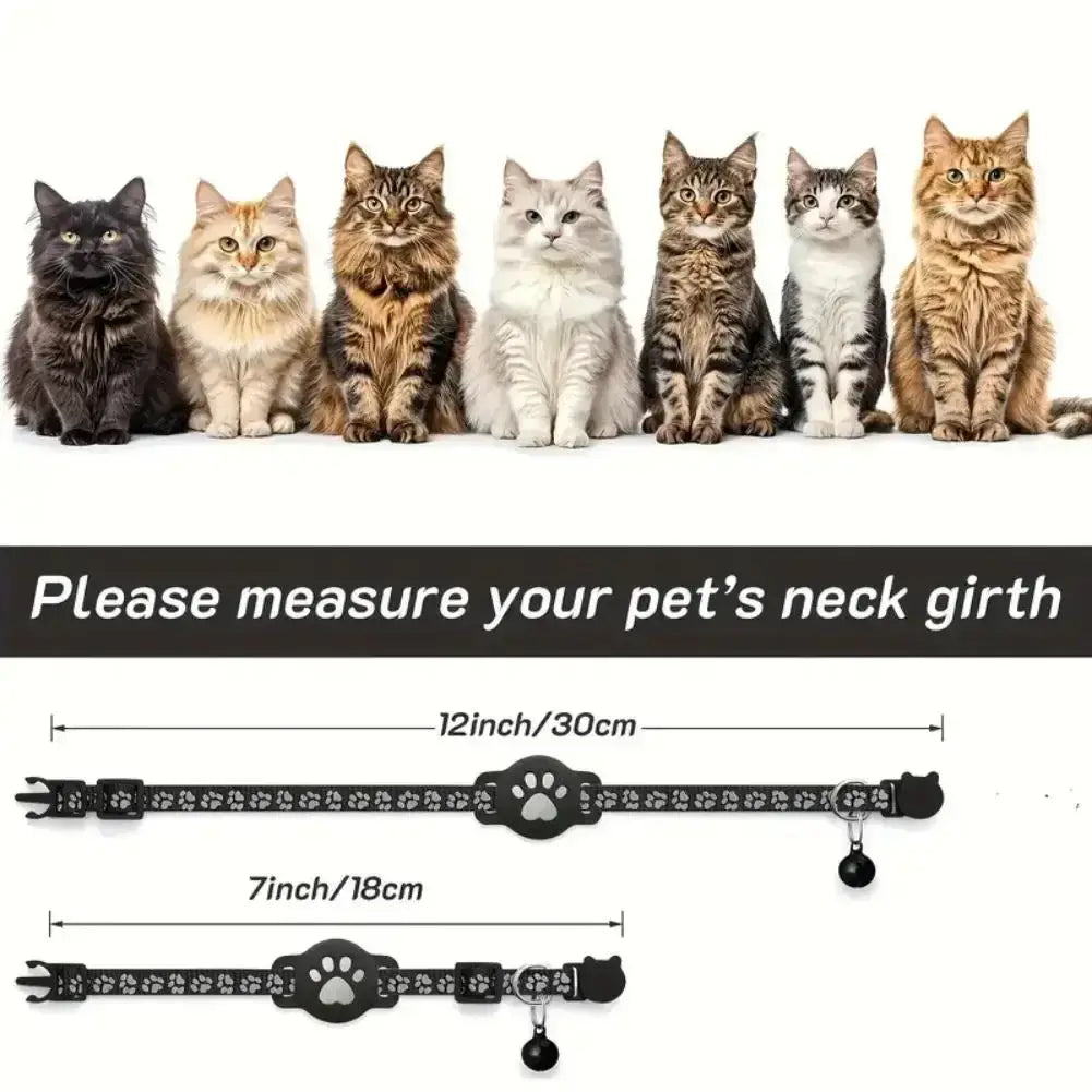 Pet GPS Tracker – Anti-Lost Real-Time Alerts + Waterproof Mini Collar shown on various cat neck sizes with measurement guide