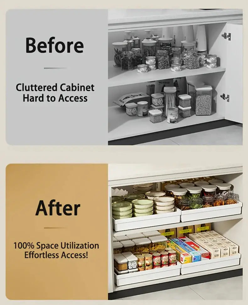 Slide Out Cabinet Organizer No Drill Magic Tray Heavy Duty Space Saver Under Sink showing before cluttered cabinet and after organized slide-out trays