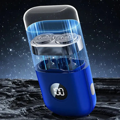 Rechargeable beard shaver in a sleek blue design showcasing dual-head rotary blades for efficient grooming.