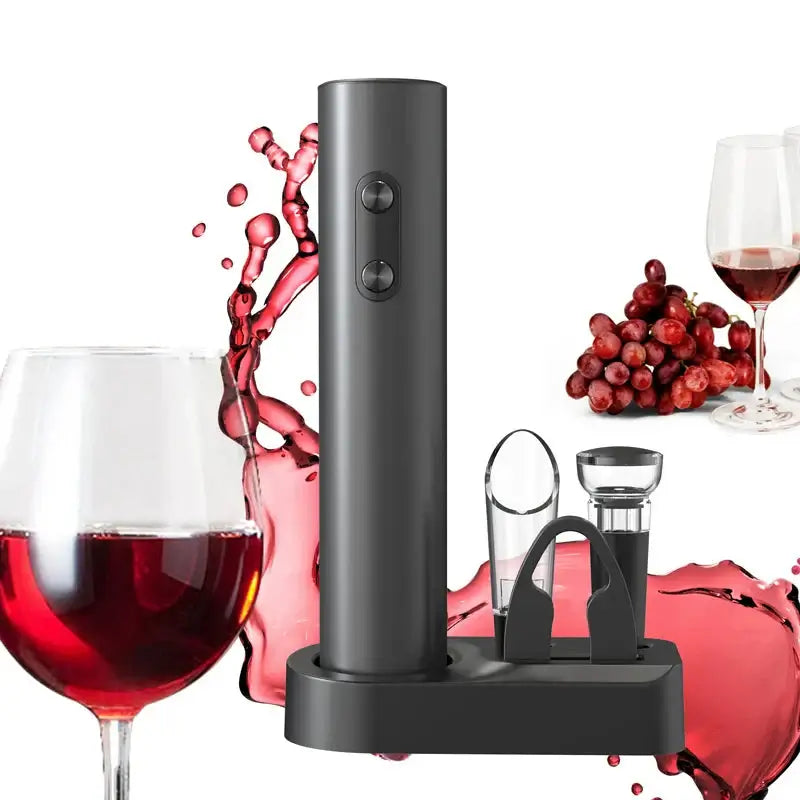 Electric wine opener set with glasses and grapes, showcasing one-touch cordless operation in a stylish design.