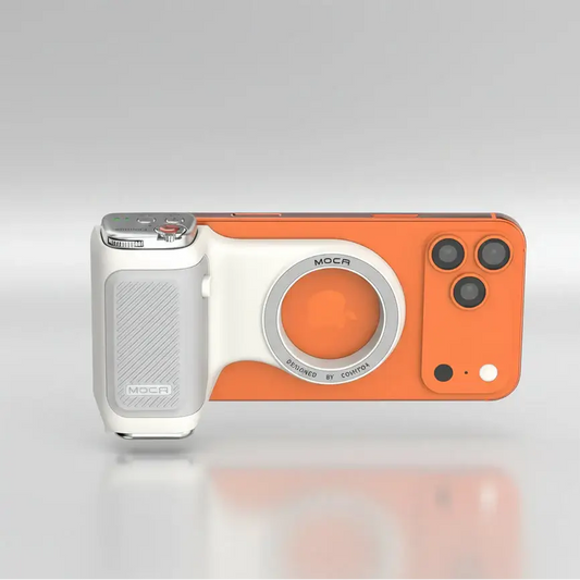 Magnetic Phone Grip With Remote Control and Handle Stabilizer attached to orange smartphone for steady one-handed shooting