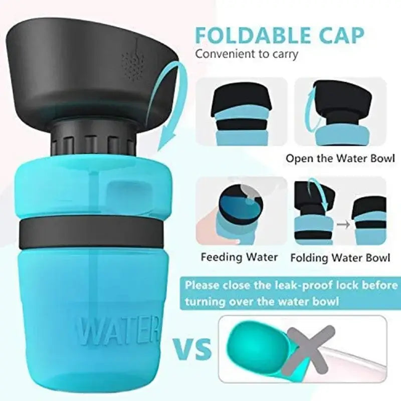 Keep Your Dog Hydrated Anywhere – 520ml Portable Foldable Water Bottle, turquoise foldable squeeze dog water bottle showing open bowl and folding steps