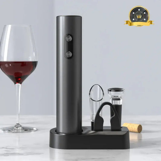 Electric wine opener set with cordless operation, aerator, and foil cutter next to a glass of red wine.
