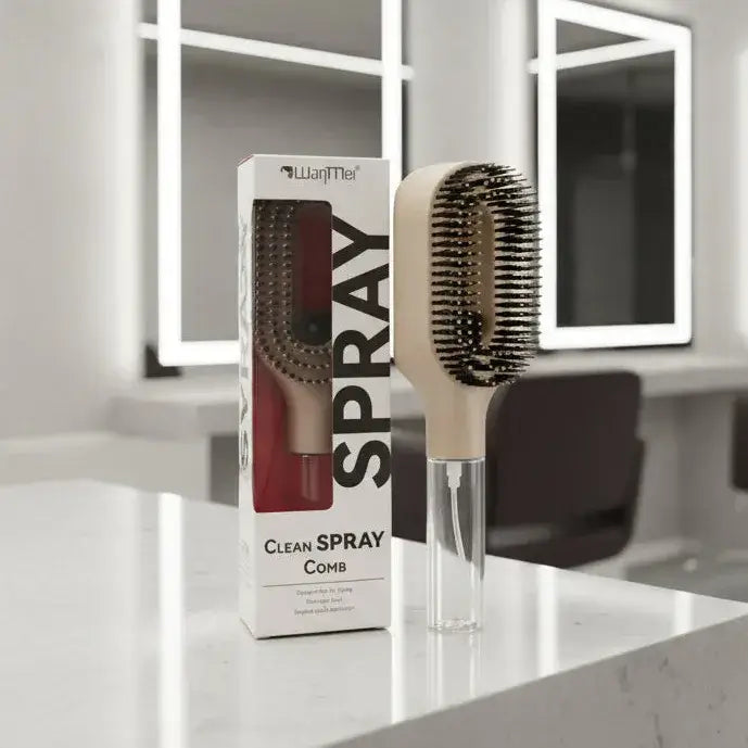 2-in-1 Spray Comb – Pain-Free Detangling for Smooth Hair shown with integrated spray bottle and detangling bristles on vanity