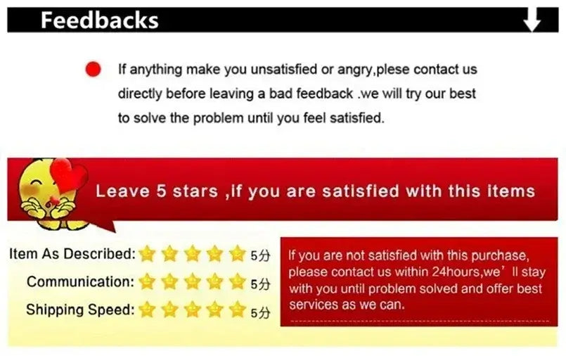 Feedback instructions asking for 5-star ratings on product satisfaction.