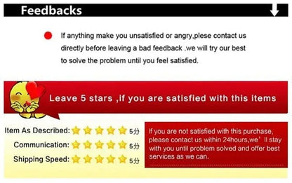 Feedback instructions asking for 5-star ratings on product satisfaction.