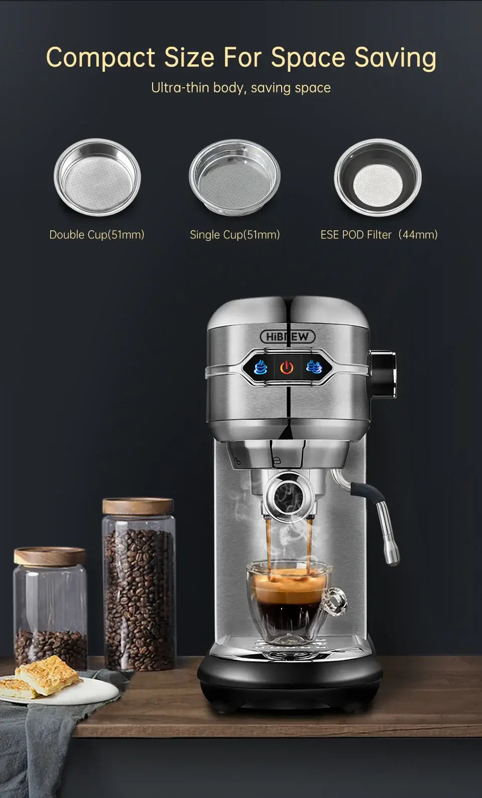 Espresso Machine – Cafe-Quality Espresso With Dense Crema And Rich Body + ESE Pod Compatible compact HiBREW 20-bar stainless steel espresso machine