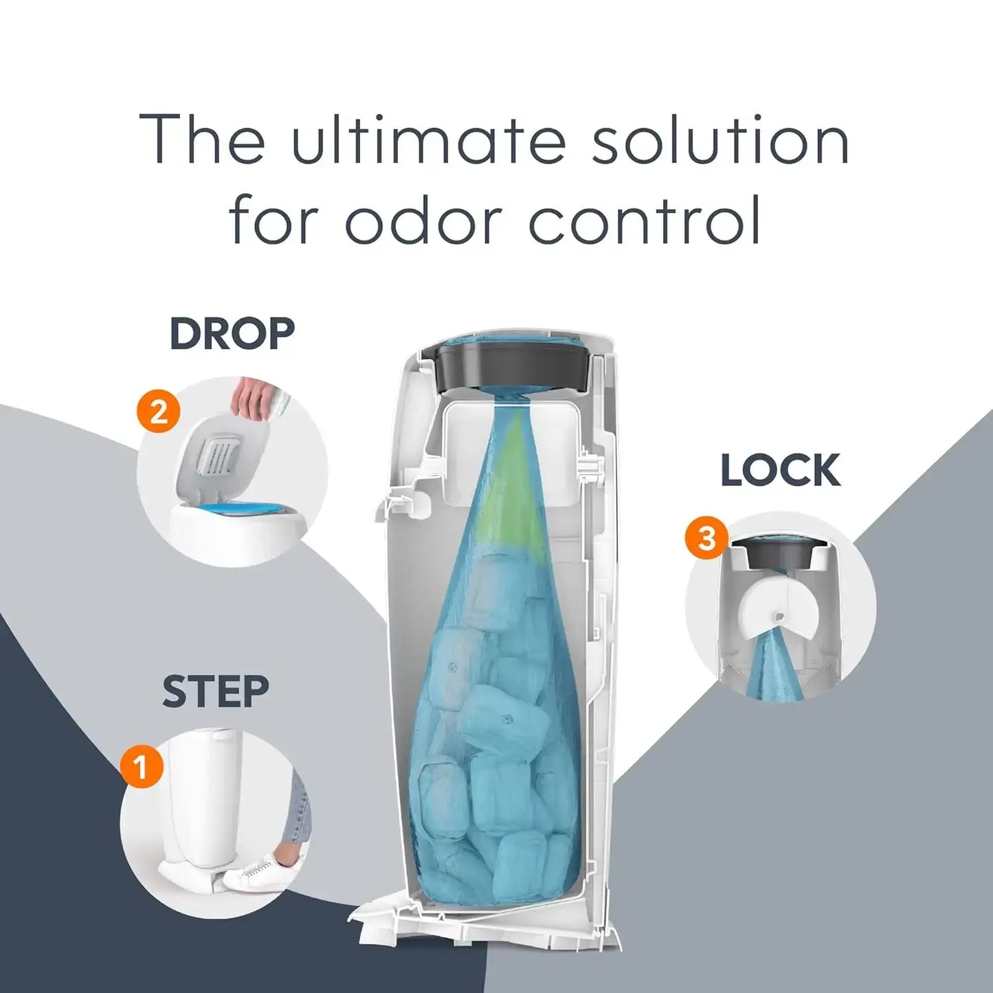 Diaper Pail – Odor-Control + Foot Pedal, Includes Refill Bag for 270 Diapers, White - white hands-free diaper pail with airtight seal and refill bag visible