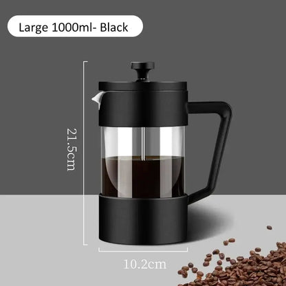 French Press - Bold Flavor + Heat Resistant Borosilicate Glass 1000ml black French press with handle and measurement markings