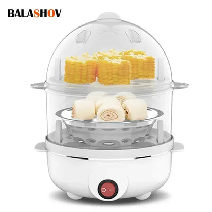 Fast electric egg and veggie cooker steaming corn and rolled buns in a double-layer design.
