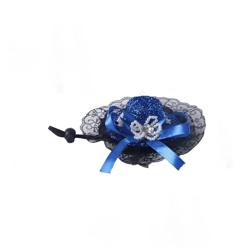 Pet Halloween Hat – Festive Shimmer + Adjustable Elastic Band For Cats And Small Pets - blue sequin British-style lace cat cosplay hat with adjustable elastic band