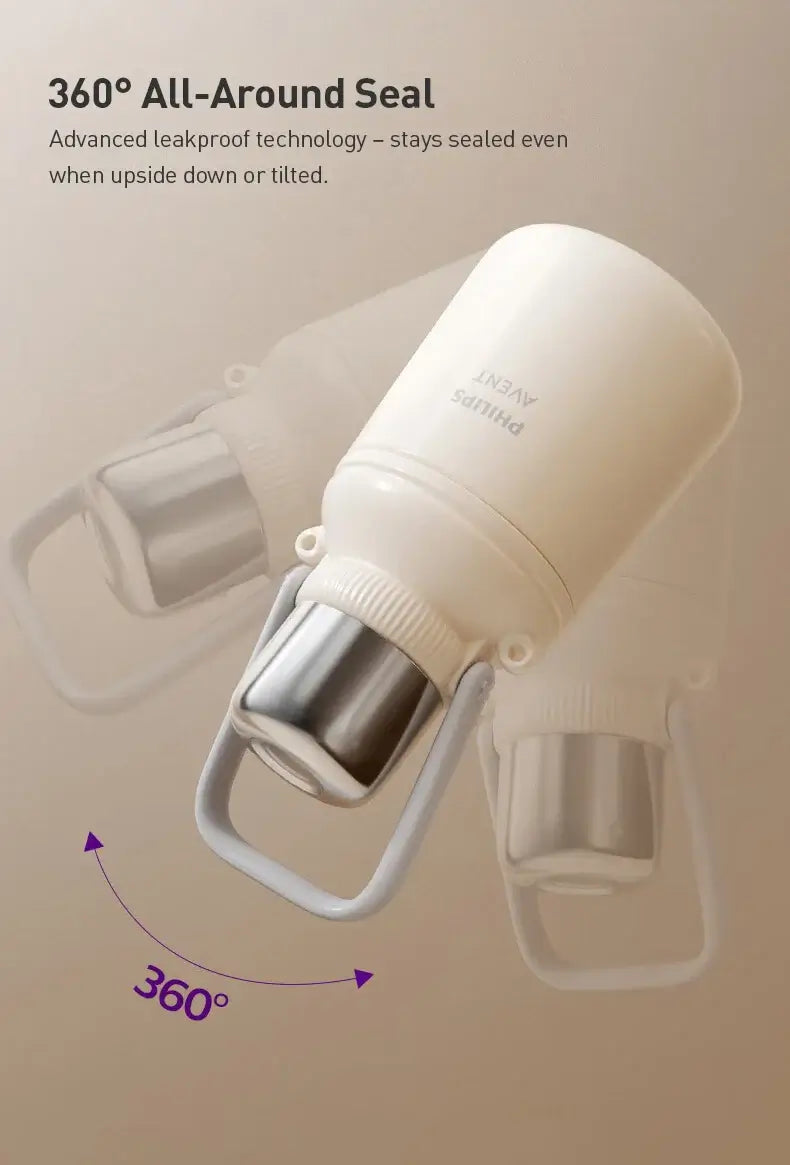 Avent Kids Vacuum Bottle For All-Day Temperature Control with 360° All-Around Seal for leakproof performance.
