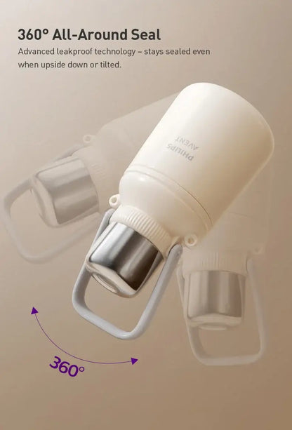 Avent Kids Vacuum Bottle For All-Day Temperature Control with 360° All-Around Seal for leakproof performance.
