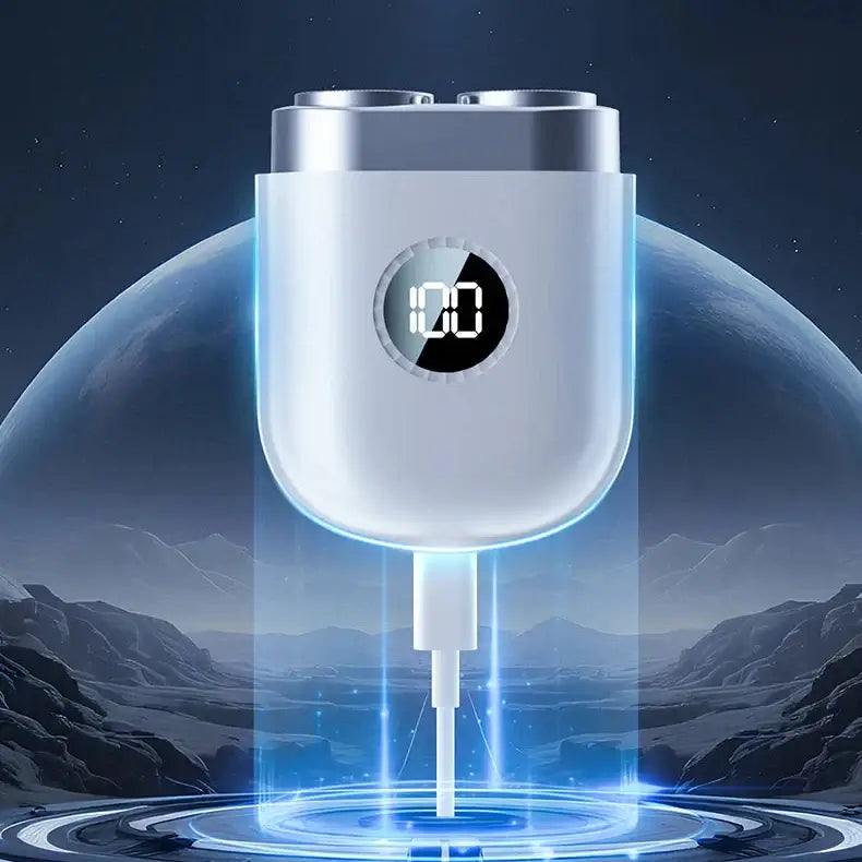 Rechargeable beard shaver displayed with a digital charge indicator, showcasing innovative design in a futuristic setting.