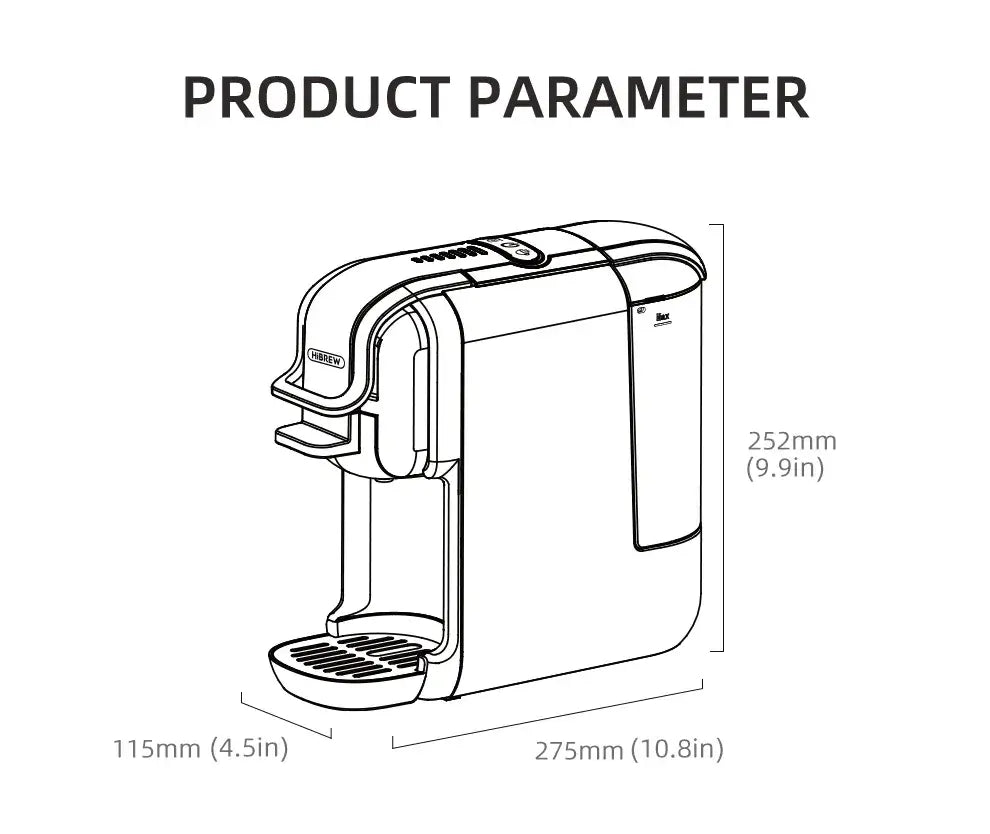 Fresh Coffee in Seconds – Nespresso & Dolce Gusto Compatible compact HiBREW 5-in-1 coffee machine product dimensions sketch