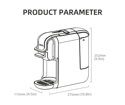 Fresh Coffee in Seconds – Nespresso & Dolce Gusto Compatible compact HiBREW 5-in-1 coffee machine product dimensions sketch