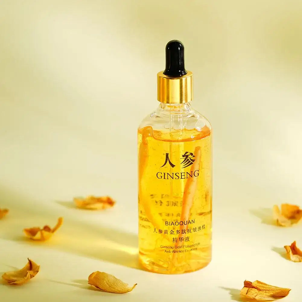 Face Serum – Even-Tone Radiance For Youthful Glow + Gold Ginseng Polypeptide Complex bottle on neutral background, hydrating golden essence