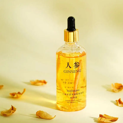 Face Serum – Even-Tone Radiance For Youthful Glow + Gold Ginseng Polypeptide Complex bottle on neutral background, hydrating golden essence