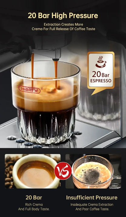 Espresso Machine – Cafe-Quality Espresso With Dense Crema And Rich Body + ESE Pod Compatible - HiBREW 20 Bar stainless steel shot