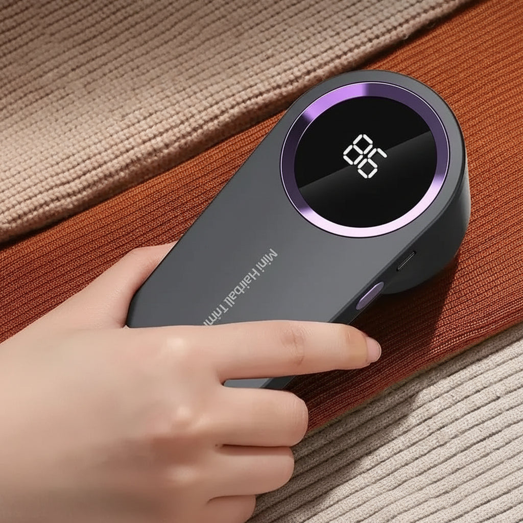USB rechargeable fabric shaver with LED display in use on fabric, showcasing its modern design and digital interface.