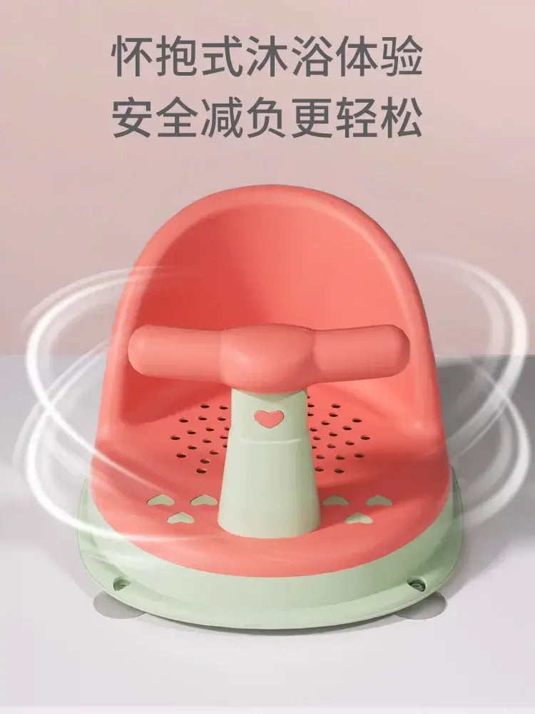 Anti-Slip Baby Bath Seat With Suction Cup Base and Detachable Armrests in a soft pink and green design.