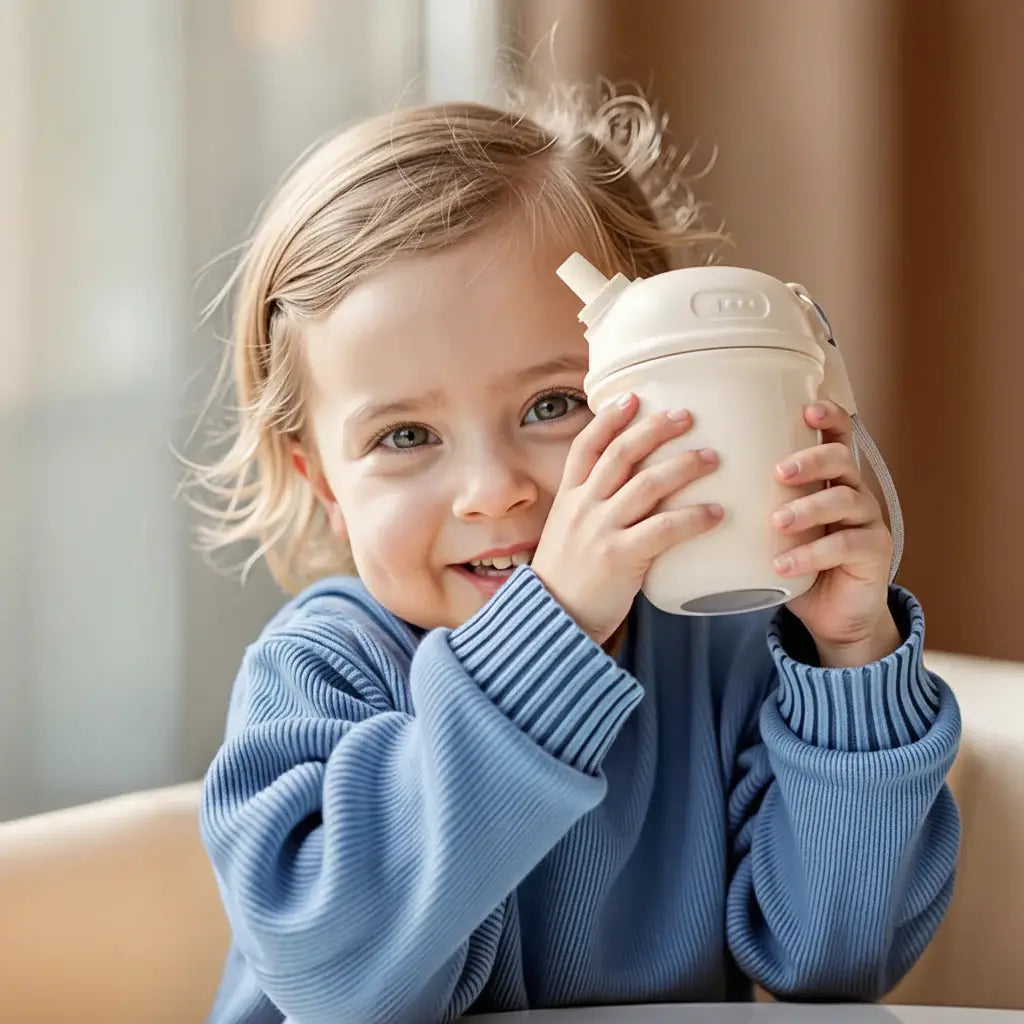Avent Kids Vacuum Bottle For All-Day Temperature Control held by a smiling child in a cozy setting.