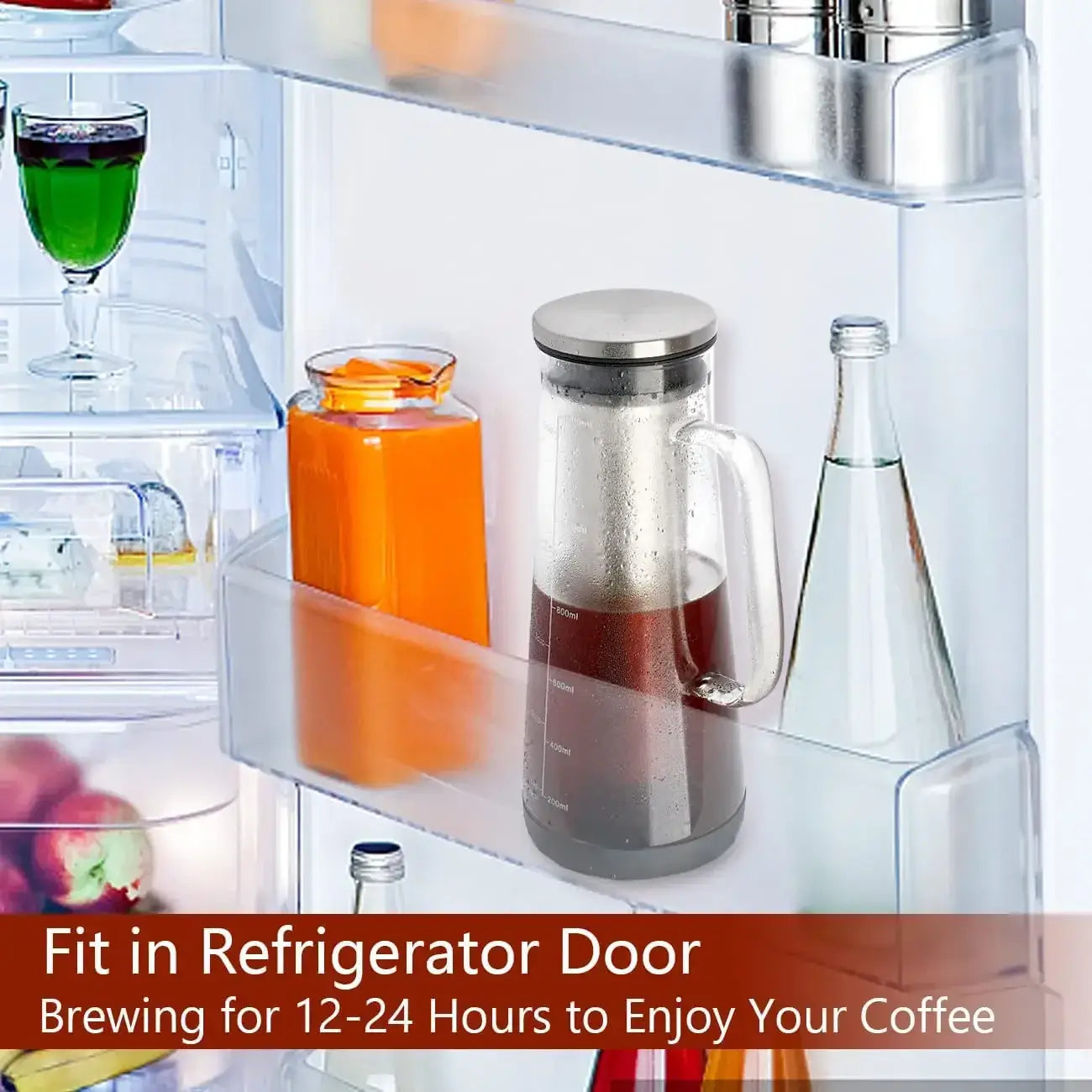 Cold Brew Coffee Maker – Keeps Aroma Fresh + 1.0L Glass Carafe in refrigerator door preserving aroma with airtight lid and glass carafe