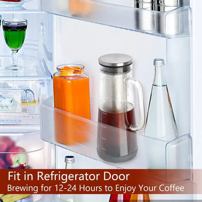 Cold Brew Coffee Maker – Keeps Aroma Fresh + 1.0L Glass Carafe in refrigerator door preserving aroma with airtight lid and glass carafe