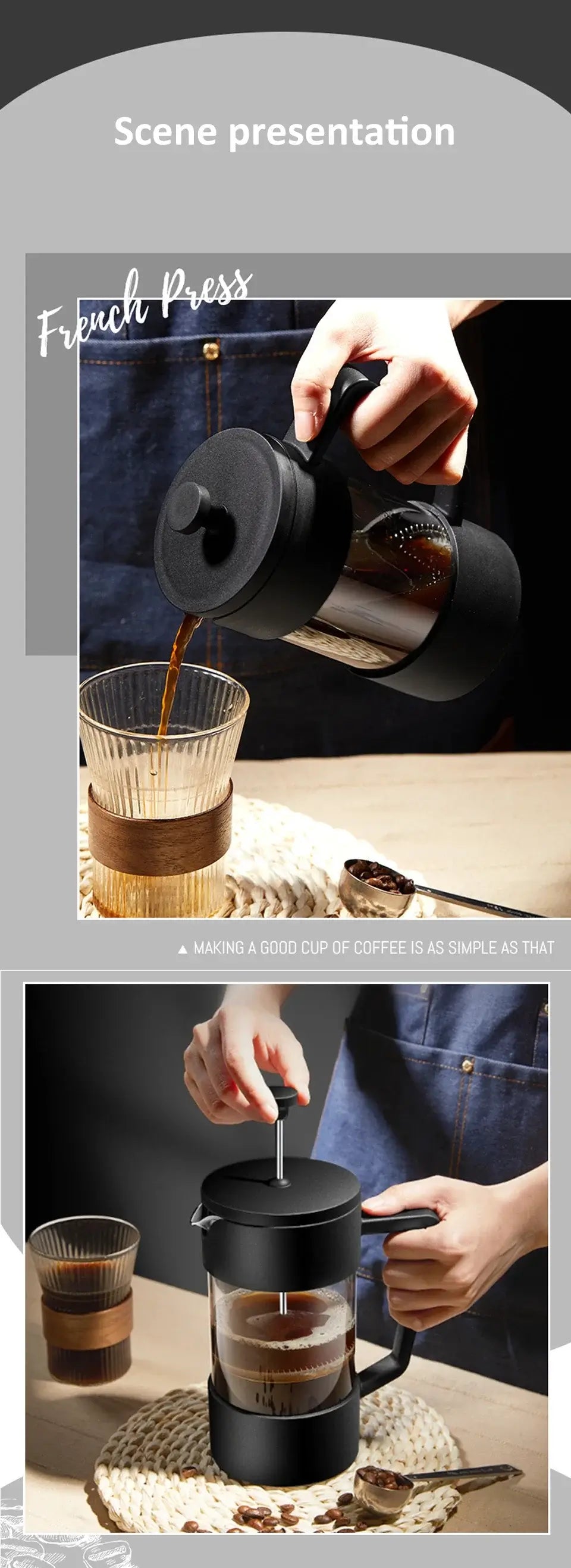 French Press - Bold Flavor + Heat Resistant Borosilicate Glass 350/600/1000ml borosilicate glass coffee maker pouring
