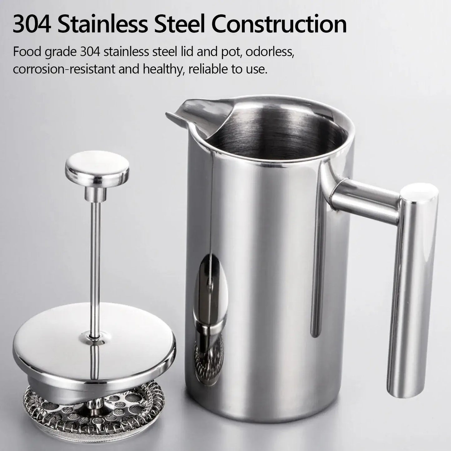 French Press – Longer Heat Retention For Hot, Aroma-Packed Brews + Double-Walled Stainless Steel stainless steel 1.0L double-walled French press showing lid and plunger