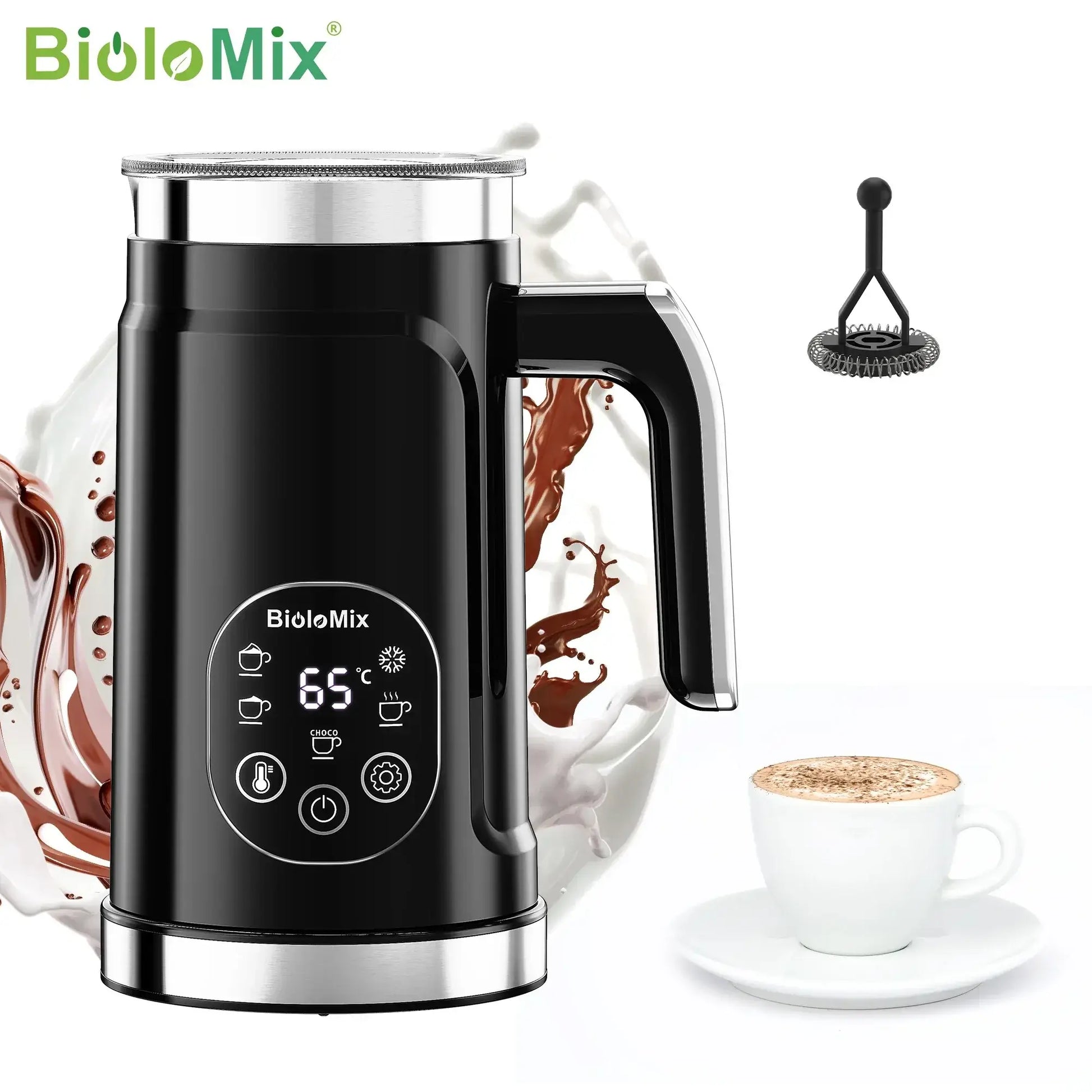 Milk Frother – Cafe-Quality Foam + 5-in-1 Function black BioloMix frother with LED display, cup of latte and whisk accessory