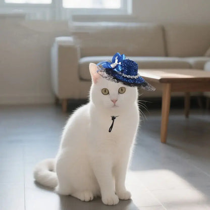 Pet Halloween Hat – Festive Shimmer + Adjustable Elastic Band For Cats And Small Pets white cat wearing blue sequin British-style lace hat with elastic band