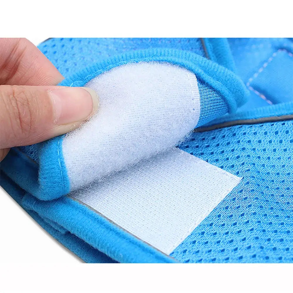 Pet Harness And Leash Set Adjustable Breathable Escape Proof Vest Reflective Collar For Dogs And Cats close-up of blue breathable vest with Velcro fastening