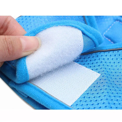 Pet Harness And Leash Set Adjustable Breathable Escape Proof Vest Reflective Collar For Dogs And Cats close-up of blue breathable vest with Velcro fastening