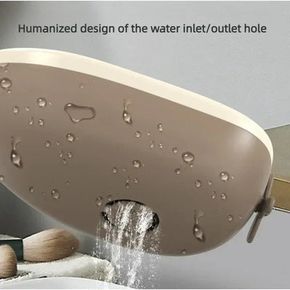 Digital baby bath thermometer featuring a humanized water inlet/outlet hole design with water flowing and droplets.