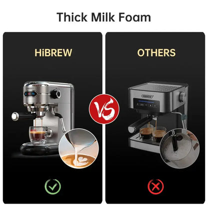 Espresso Machine – Cafe-Quality Espresso With Dense Crema And Rich Body + ESE Pod Compatible HiBREW machine showing thick milk foam vs others