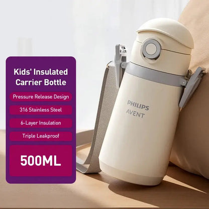 Avent Kids Vacuum Bottle For All-Day Temperature Control with pressure release design and 6-layer insulation.