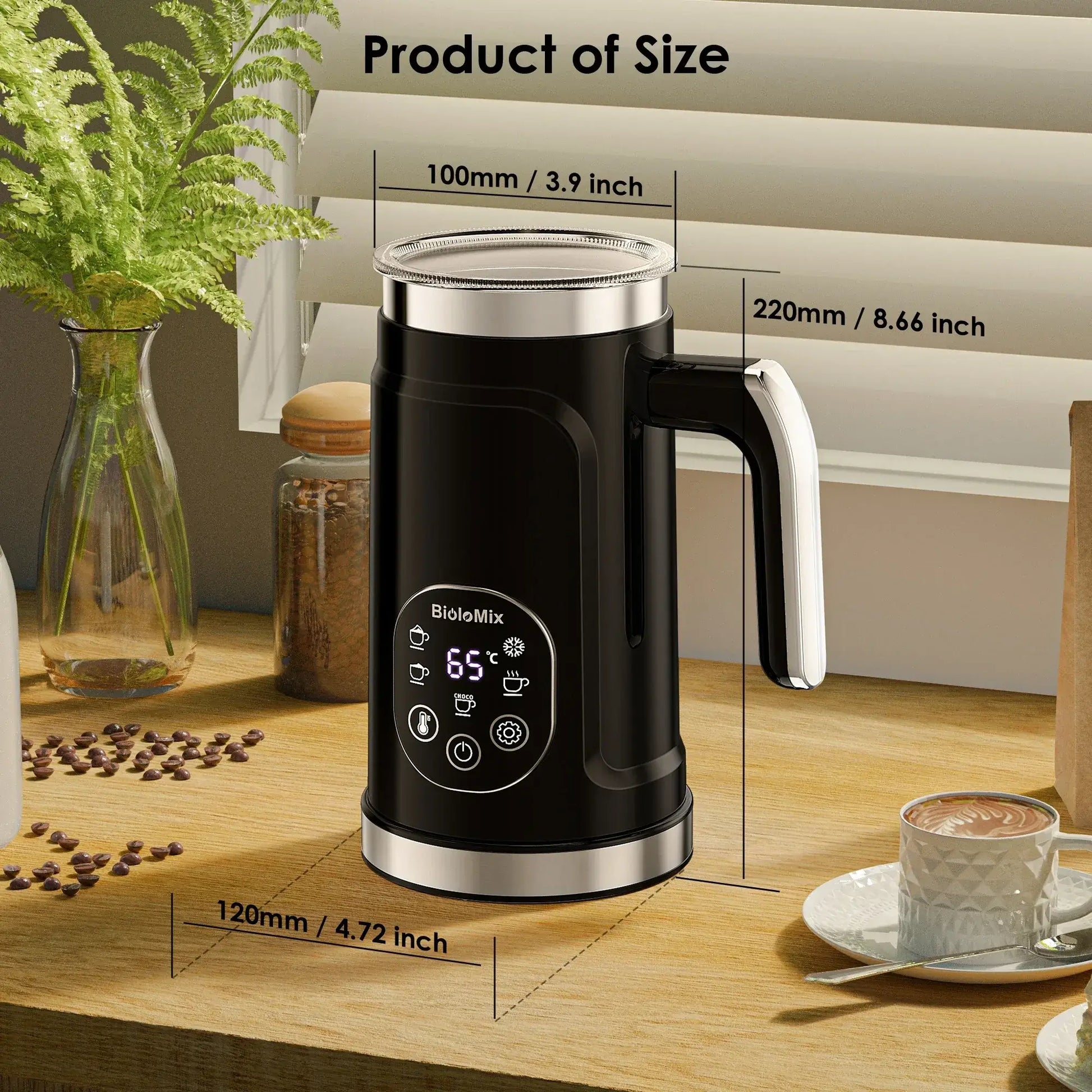Milk Frother – Cafe-Quality Foam + 5-in-1 Function shown on counter with LED display and dimensions
