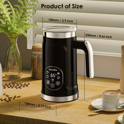 Milk Frother – Cafe-Quality Foam + 5-in-1 Function shown on counter with LED display and dimensions