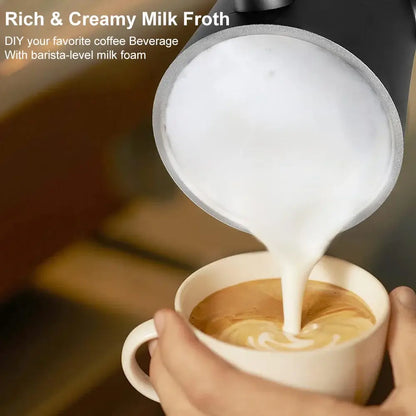 Milk Frother - Café-Quality Foam In Seconds + 4-In-1 pouring rich creamy hot milk froth into a latte cup