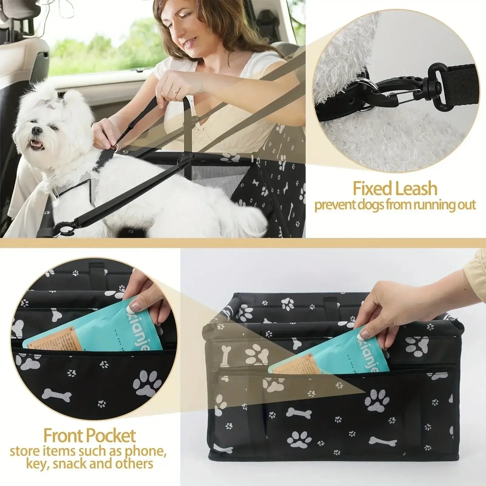 Pet Booster Seat – Safer Rides + Adjustable Seat Belt in car with small white dog, fixed leash and front pocket
