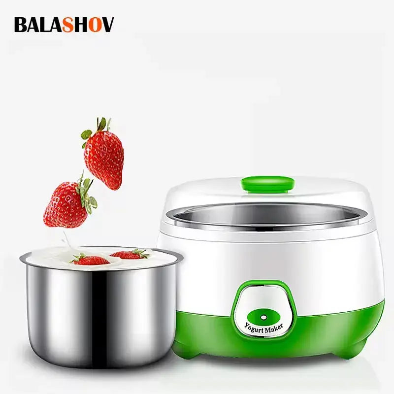 Automatic Yogurt Maker – Creamy, Silky Yogurt Texture + 1L Stainless Steel Liner compact white-green unit with 1L stainless steel liner and strawberries